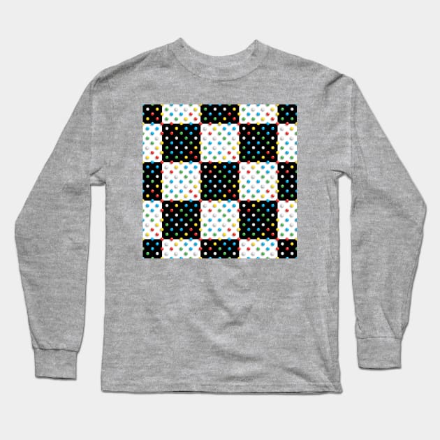 Primary Coloured Discs on Black & White Check Long Sleeve T-Shirt by sleepingdogprod